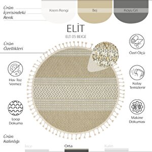 Elit 05 Bej Bukle Salon Halısı Hav Vermez Antre Mutfak Halısı Etnik Örgü Desen Yuvarlak Halı 150x150 cm