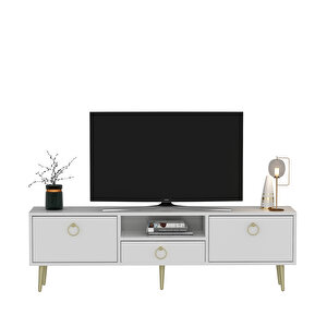 Drop Tv Üni̇tesi̇,konsol Ve Orta Sehpa 3'lü Salon Takımı Beyaz-altın