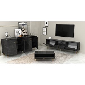 Drop Tv Üni̇tesi̇,konsol Ve Orta Sehpa 3'lü Salon Takımı Royalmermer-altın Siyah-Altın