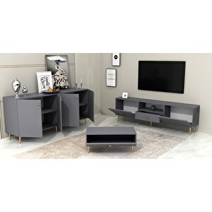 Drop Tv Üni̇tesi̇,konsol Ve Orta Sehpa 3'lü Salon Takımı Antrasit-altın Antrasit Gold