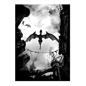 Kasabaya Saldıran Ejderha Tasarım Ahşap Tablo 25cmx 35cm 25x35 cm