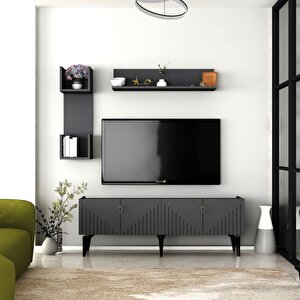 Meda Tv Üni̇tesi̇,konsol Ve Orta Sehpa 3'lü Salon Takımı Antrasit-altın