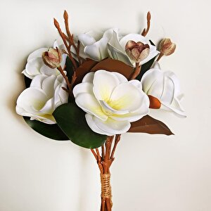 Yapay Çiçek Lüx Manolya Gerçek Islak Dokulu Magnolia Gelin Çiçeği 48cm Beyaz