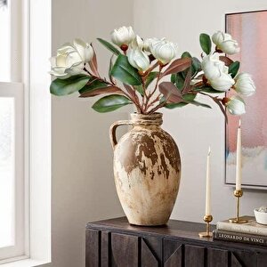 Yapay Çiçek Lüx Manolya Gerçek Islak Dokulu Magnolia Gelin Çiçeği 48cm Beyaz