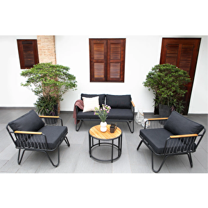 Veloce Dış Mekan Modern Metal Ayak Bahçe Mobilyası 2+1+1 Masalı Örgülü Ahşaplı Balkon Koltuk Takımı