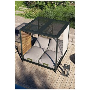Hard Dış Mekan Kare Havuz Başı Şezlong Perdeli Çift Kişilik Divan Ahşap Detaylı Daybed