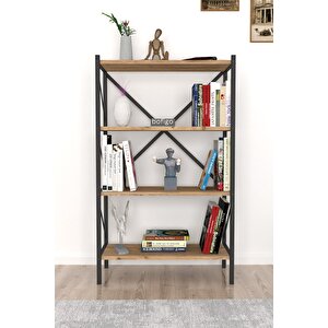 Dekoratif 4 Raflı Kitaplık Metal Kitaplık Çam