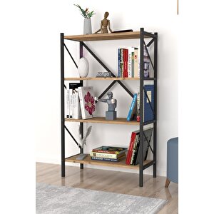 Dekoratif 4 Raflı Kitaplık Metal Kitaplık Çam