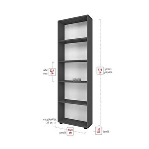 Bofigo Dekoratif 5 Raflı Kitaplık Modern Kitaplık Antrasit