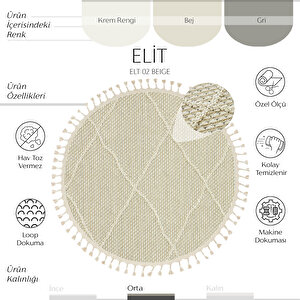 Elit 02 Bej Bukle Halı Hav Toz Vermez Antre Mutfak Halısı Etnik Örgü Desen yuvarlak halı 80x80 cm