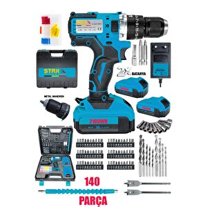 2100wh Lion 10ahm Çelik Mandren Akülü Vidalama Darbeli Şarjlı Matkap Seti 140 Parça Full Çantalı Set