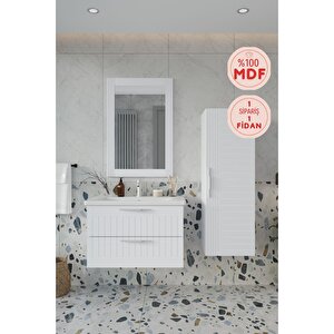 Erguvan Beyaz Demonte 80 Cm Banyo Dolabı Ayna Lavabo Boy Dolabı