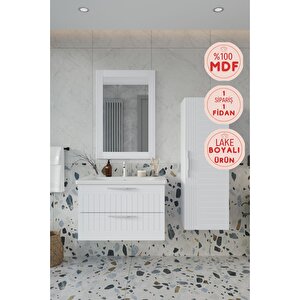 Erguvan Beyaz Demonte 80 Cm Banyo Dolabı Ayna Lavabo Boy Dolabı