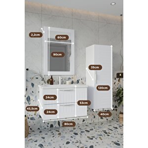 Erguvan Beyaz Demonte 80 Cm Banyo Dolabı Ayna Lavabo Boy Dolabı
