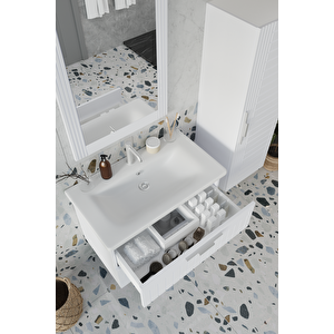 Erguvan Beyaz Demonte 80 Cm Banyo Dolabı Ayna Lavabo Boy Dolabı