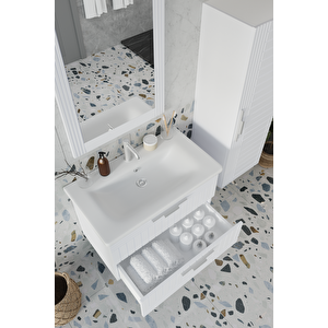 Erguvan Beyaz Demonte 80 Cm Banyo Dolabı Ayna Lavabo Boy Dolabı