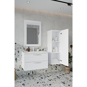 Erguvan Beyaz Demonte 80 Cm Banyo Dolabı Ayna Lavabo Boy Dolabı