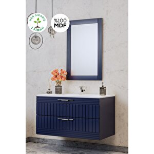 Banyo Erguvan Demonte 80 Cm Lacivert Lavabolu Banyo Dolabı Aynalı Üst Dolap