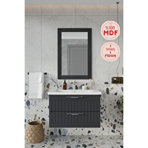 Banyo Erguvan Demonte 80 Cm Antrasit Lavabolu Banyo Dolabı Aynalı Üst Dolap