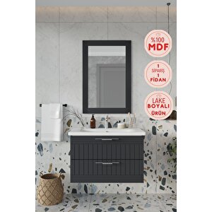 Banyo Erguvan Demonte 80 Cm Antrasit Lavabolu Banyo Dolabı Aynalı Üst Dolap