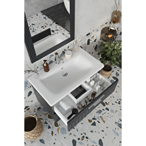 Banyo Erguvan Demonte 80 Cm Antrasit Lavabolu Banyo Dolabı Aynalı Üst Dolap