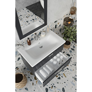 Balneom Banyo Erguvan Demonte 80 Cm Antrasit Lavabolu Banyo Dolabı Aynalı Üst Dolap