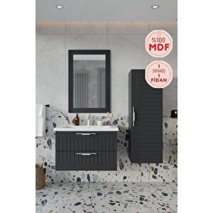 Banyo Erguvan Demonte 80 Cm Antrasit Lavabolu Banyo Dolabı Aynalı Üst Dolap Ve Boy Dolabı