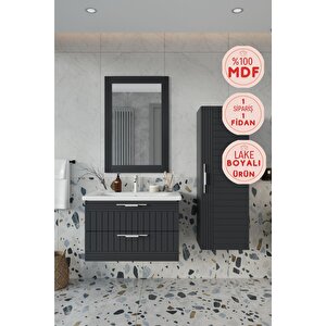 Banyo Erguvan Demonte 80 Cm Antrasit Lavabolu Banyo Dolabı Aynalı Üst Dolap Ve Boy Dolabı