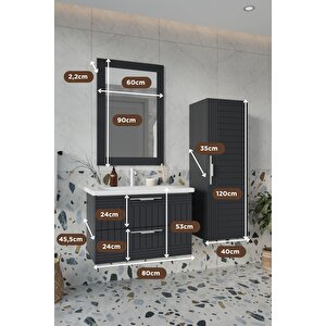Banyo Erguvan Demonte 80 Cm Antrasit Lavabolu Banyo Dolabı Aynalı Üst Dolap Ve Boy Dolabı