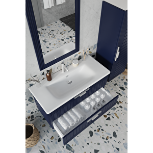 Erguvan Laci̇vert Demonte 100 Cm Banyo Dolabı Ayna Lavabo Boy Dolabı