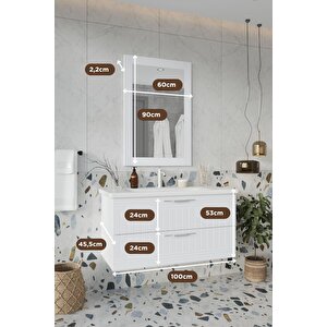 Erguvan Beyaz Demonte 100 Cm Banyo Dolabı Ayna Lavabo