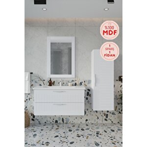 Erguvan Beyaz Demonte 100 Cm Banyo Dolabı Ayna Lavabo Boy Dolabı