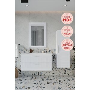 Erguvan Beyaz Demonte 100 Cm Banyo Dolabı Ayna Lavabo Boy Dolabı