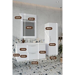 Erguvan Beyaz Demonte 100 Cm Banyo Dolabı Ayna Lavabo Boy Dolabı