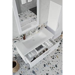 Erguvan Beyaz Demonte 100 Cm Banyo Dolabı Ayna Lavabo Boy Dolabı
