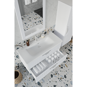 Erguvan Beyaz Demonte 100 Cm Banyo Dolabı Ayna Lavabo Boy Dolabı