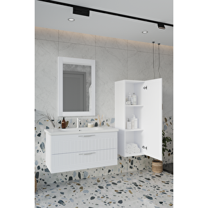 Erguvan Beyaz Demonte 100 Cm Banyo Dolabı Ayna Lavabo Boy Dolabı