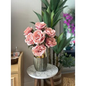 Yapay Çiçek 7li Gül Demeti 40*30cm 1.kalite Büyükboy Mercan Pembe