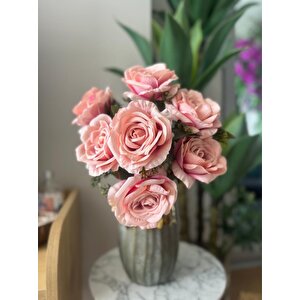Yapay Çiçek 7li Gül Demeti 40*30cm 1.kalite Büyükboy Mercan Pembe