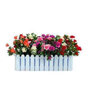 Yapay Çiçek Beyaz Çit Balkon Saksısı Renkli Açelya Çiçekli 55*20cm