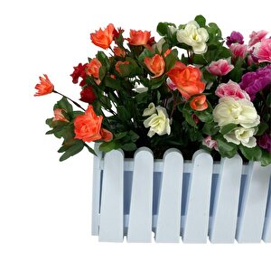 Yapay Çiçek Beyaz Çit Balkon Saksısı Renkli Açelya Çiçekli 55*20cm
