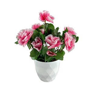 Yapay Çiçek Beyaz Saksıda Pembe Açelya Dekoratif Masa Çiçeği