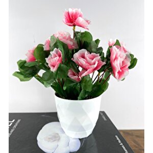 Yapay Çiçek Beyaz Saksıda Pembe Açelya Dekoratif Masa Çiçeği