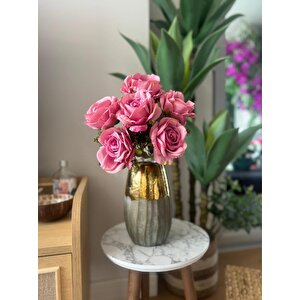 Yapay Çiçek 7li Gül Demeti 40*30cm 1.kalite Büyükboy Fuşya Pembe