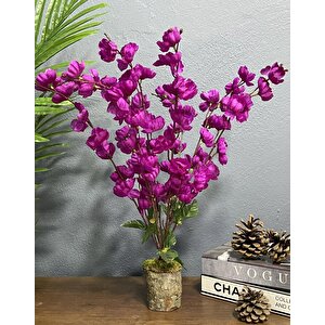 Yapay Çiçek Ahşap Kütük Saksılı Mor Bahardalı Palmiye Ağacı Salon Bitkisi 50cm