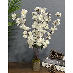Yapay Çiçek Ahşap Kütük Saksılı Beyaz Bahardalı Salon Bitkisi 50cm
