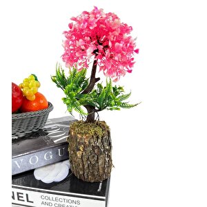 Bonsai Dekoratif Yapay Ağaç Yarım Top Kafalı Pembe Bonzai 30cm