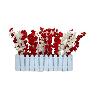 Yapay Çiçek Beyaz Çit Balkon Saksısı Kırmızı Beyaz Bahardalı 55*40cm