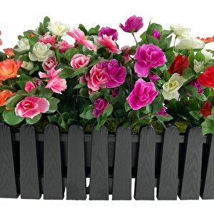 Yapay Çiçek Siyah Çit Balkon Saksısı Renkli Açelya Çiçekli 55*20cm