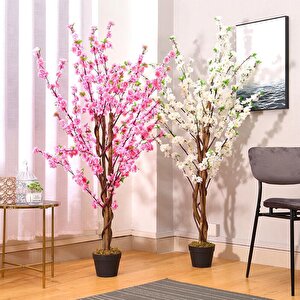 Yapay Ağaç Lüx Bahardalı Ağacı Beyaz Japon Kiraz Çiçeği Sakura Çiçeği 150x70cm Siyah Plastik Saksılı